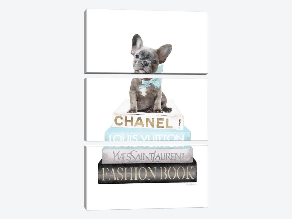 New Books Grey Blue With Grey Frenchie Side Bow by Amanda Greenwood 3-piece Canvas Art Print