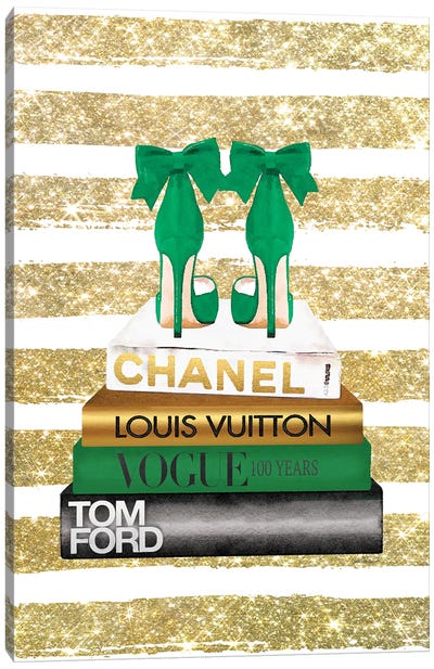 New Books Grey Emerald Green, Bow Shoes, Glitter Stripe Canvas Art Print - Glam Bedroom Art