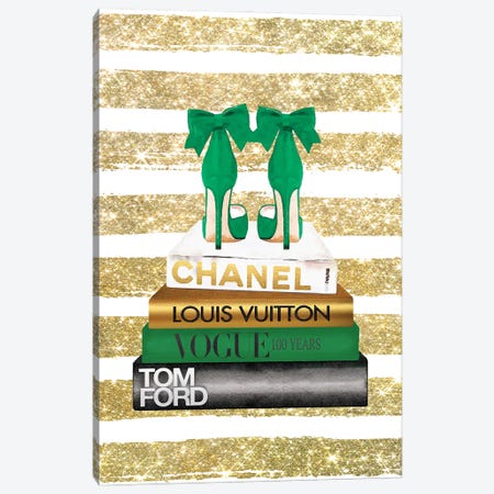 New Books Grey Emerald Green, Bow Shoes, Glitter Stripe Canvas Print #GRE506} by Amanda Greenwood Canvas Print