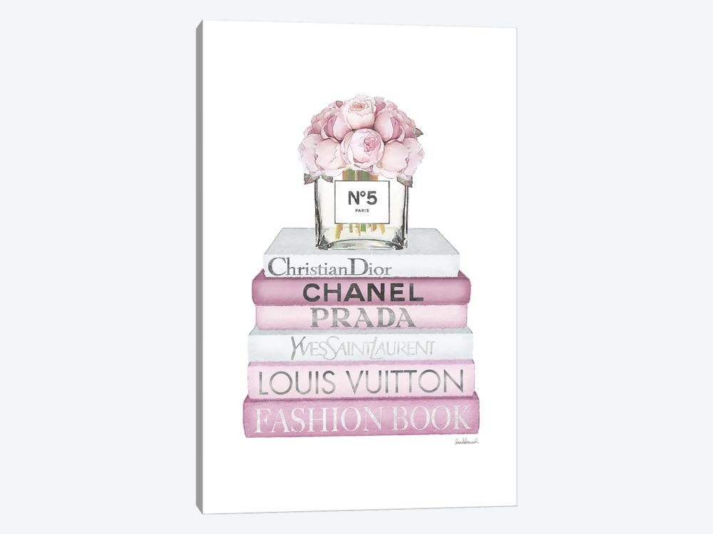 Pink Tone Books With Peony Vase, Silver Font by Amanda Greenwood 1-piece Canvas Artwork