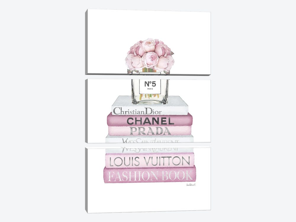 Pink Tone Books With Peony Vase, Silver Font by Amanda Greenwood 3-piece Canvas Artwork