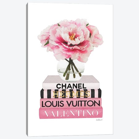 Short Pink Book Stack With Stripe, Peony In Round Vase Canvas Print #GRE522} by Amanda Greenwood Canvas Artwork