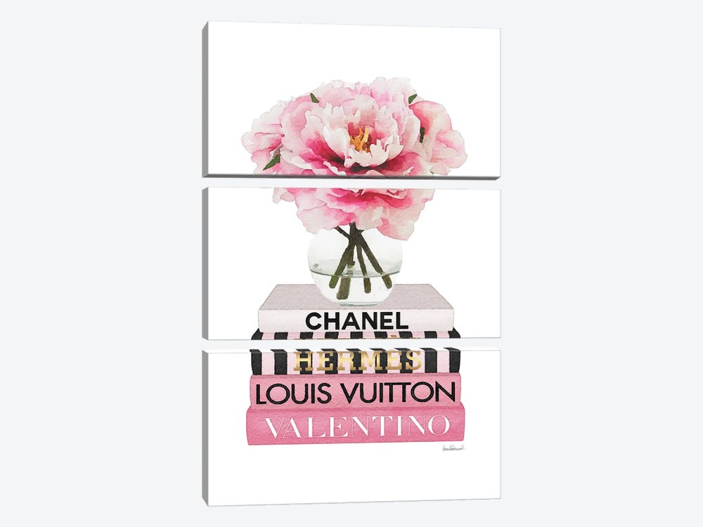Short Pink Book Stack With Stripe, Peony In Round Vase by Amanda Greenwood 3-piece Canvas Print