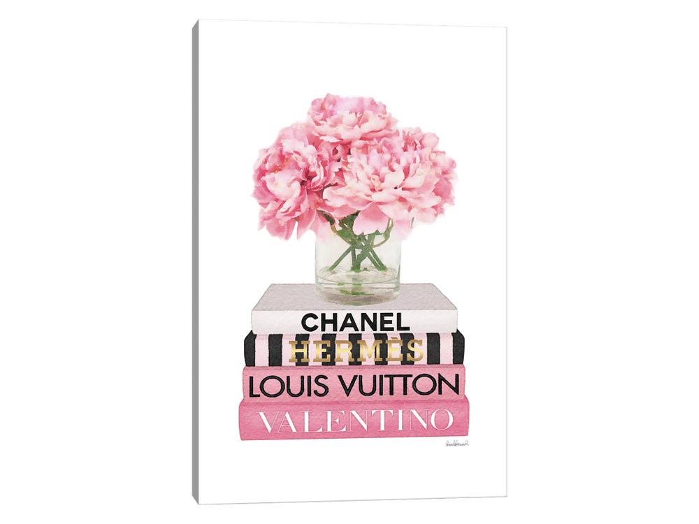 Framed Canvas Art (Champagne) - Stack of Fashion Books with Pink Peonies by Amanda Greenwood ( Fashion > Fashion Brands > Chanel art) - 26x26 in