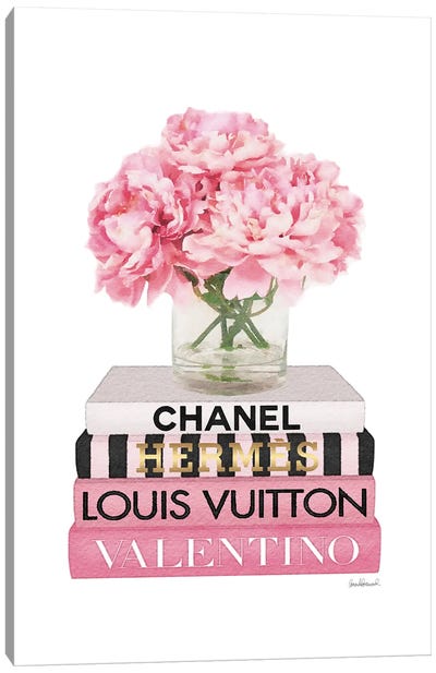 Short Pink Book Stack With Stripe, Peony In Vase Canvas Art Print - Chanel Art