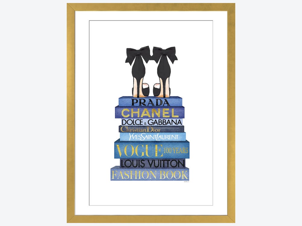 Amanda Greenwood Canvas Prints - Tall Book Stack with Brown Bag & Gold Background ( Fashion > Vogue art) - 26x18 in
