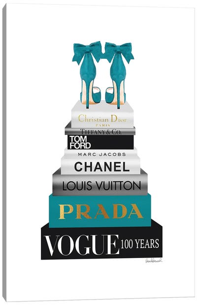 Tall Book Stack In Turquoise With Bow Shoes Canvas Art Print - Louis Vuitton Art