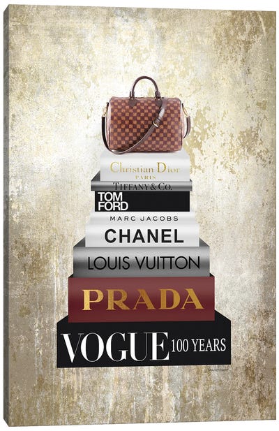 Tall Book Stack With Brown Bag & Gold Background Canvas Art Print - Vogue Art
