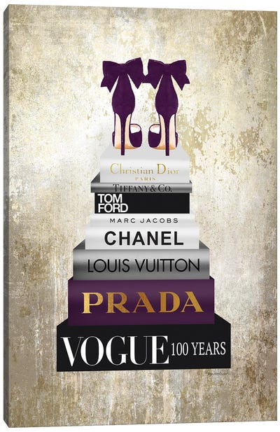 Tall Book Stack With Purple Shoes & Gold Background Canvas Art Print - Prada Art