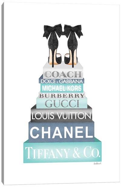 Tall Books, Blue, Teal And Grey With Bow Shoes Canvas Art Print - Chanel Art