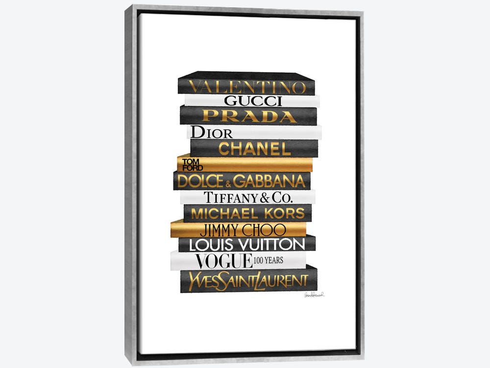 Framed Canvas Art (Gold Floating Frame) - High Fashion Book Stack Black & White, Gold Font by Amanda Greenwood ( Fashion > Vogue art) - 40x26 in