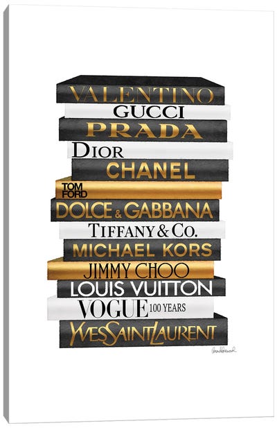 Tall Fashion Books Black And Gold Canvas Art Print - Glam Bedroom Art