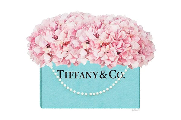 Typography: Teal Blue Shopper Pearl Handle Pink Hydrangeas by Amanda Greenwood