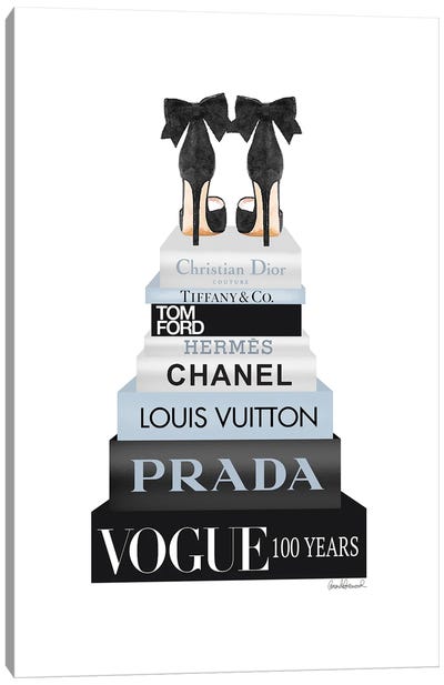 Tall Book Stack In Black & Pale Blue With Shoes Canvas Art Print - Prada