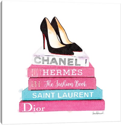 Pink And Teal Fashion Books With High Heel Shoes Canvas Art Print - Shoe Art