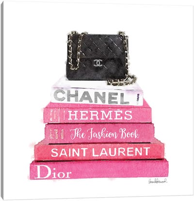 Pink Fashion Books With A Black Bag Canvas Art Print - Chanel Art