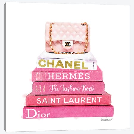Pink Fashion Books With A Pink Bag Canvas Print #GRE62} by Amanda Greenwood Canvas Wall Art
