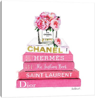 Pink Fashion Books With Pink Peonies Canvas Art Print - Dior