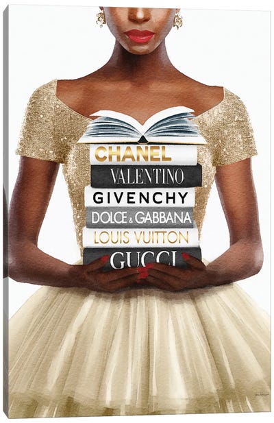 Reading Fashion Books In Champagne Canvas Art Print - Gucci Art