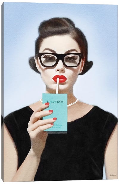 Audrey Designer Juice With Necklace Canvas Art Print - Audrey Hepburn
