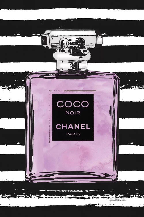 Purple Perfume on Black Stripes by Amanda Greenwood Fine Art Paper Poster ( Fashion > Fashion Brands > Chanel art) - 24x16x.25