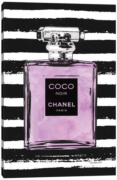 Purple Perfume On Black Stripes Canvas Art Print - Perfume Bottles