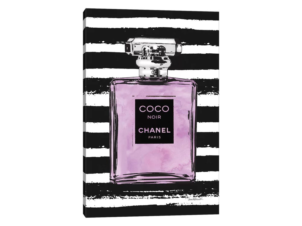 Framed Canvas Art - Purple Perfume on Black Stripes by Amanda Greenwood ( Fashion > Fashion Brands > Chanel art) - 40x26 in
