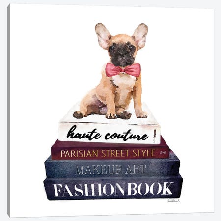 Stack Of Fashion Books With A French Bulldog Canvas Print #GRE73} by Amanda Greenwood Canvas Art Print