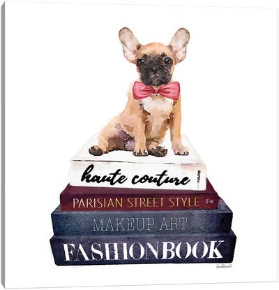 Stack Of Fashion Books With A French Bulldog Canvas Art Print - Fashion Art