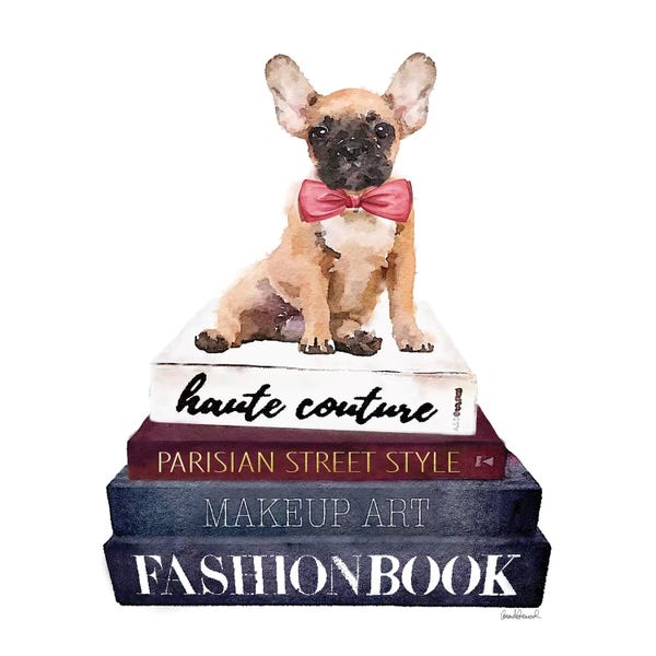 Amanda Greenwood: Stack Of Fashion Books With A French Bulldog by Amanda Greenwood