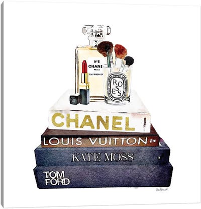 Stack Of Fashion Books With A Hint Of Gold Makeup Canvas Art Print - Louis Vuitton Art