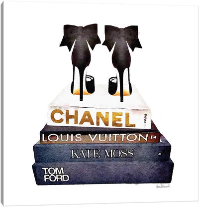 Stack Of Fashion Books With Bow Heels Canvas Art Print - Black, White & Gold Art