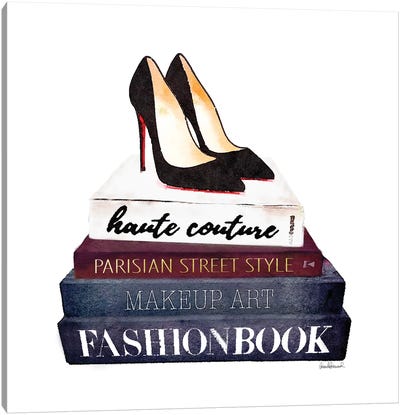 Stack Of Fashion Books With Heels II Canvas Art Print - Reading & Literature