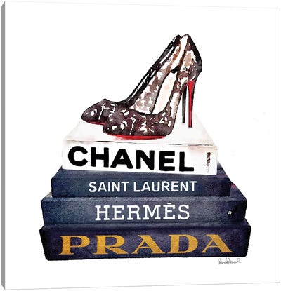 Stack Of Fashion Books With Lace Shoes Canvas Art Print - Book Art