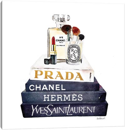 Stack Of Fashion Books With Makeup II Canvas Art Print - Hermès
