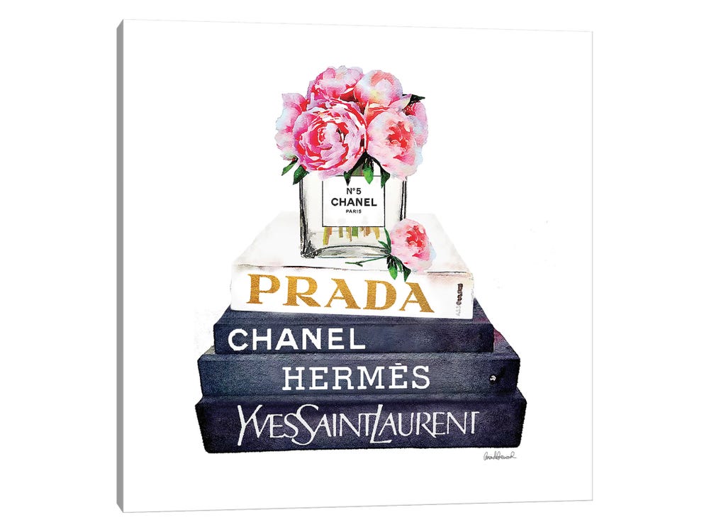 Framed Canvas Art (Champagne) - Stack of Fashion Books with Pink Peonies by Amanda Greenwood ( Fashion > Fashion Brands > Chanel art) - 26x26 in