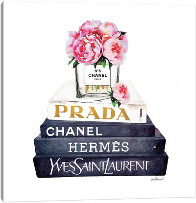 Stack Of Fashion Books With Pink Peonies Canvas Art Print - Watercolor Art