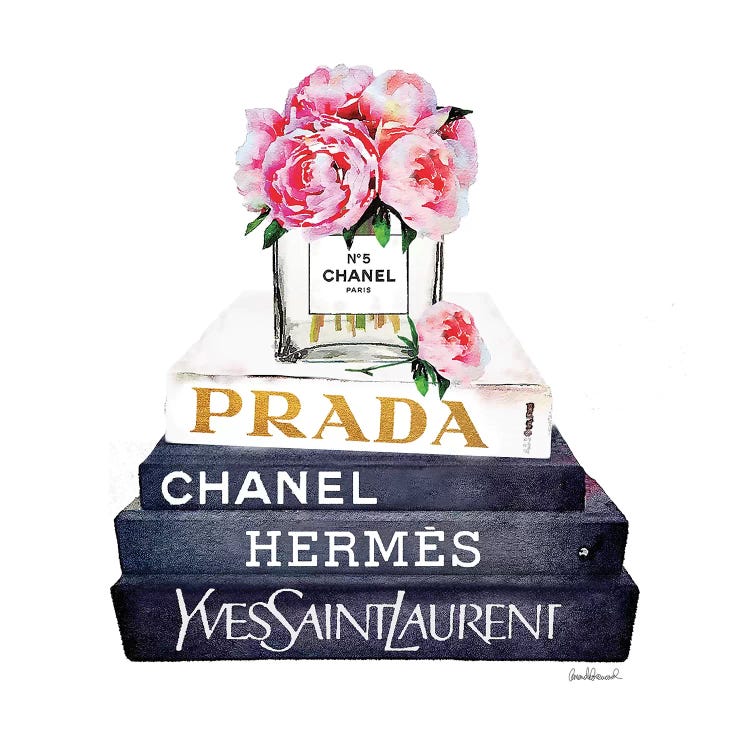 Stack Of Fashion Books With Pink Peonies