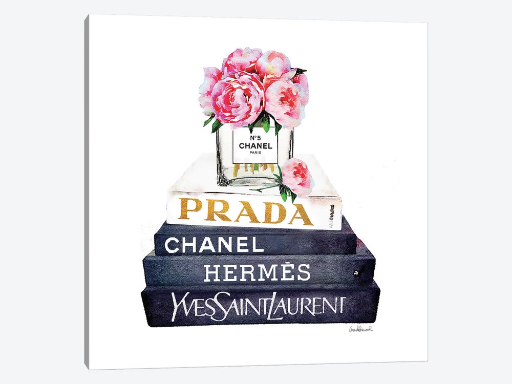 Stack Of Fashion Books With Pink Peonies by Amanda Greenwood 1-piece Canvas Art Print