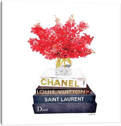 Stack Of Fashion Books With Red Flowers Canvas Art Print - Book Art