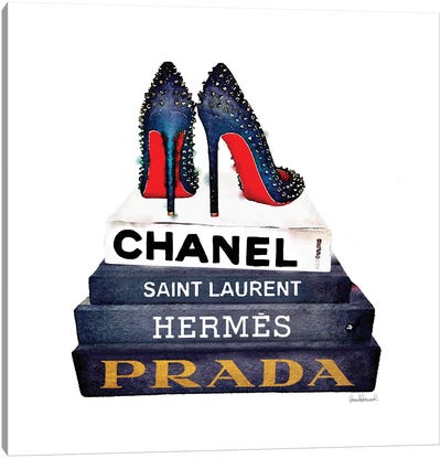 Stack Of Fashion Books With Spiked Shoes Canvas Art Print - Fashion Brand Art