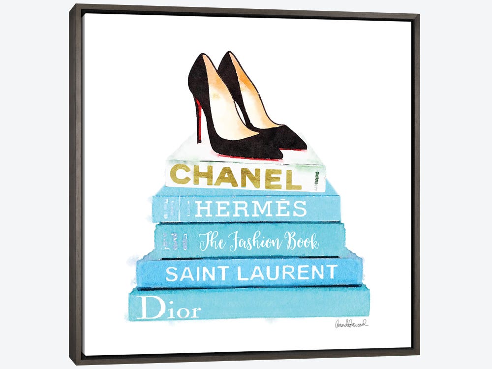 Framed Canvas Art (Champagne) - Black, White & Teal Book Stack by Amanda Greenwood ( Fashion > Fashion Brands > Tiffany & Co. art) - 26x18 in