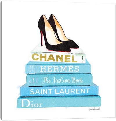 Stack Of Teal Fashion Books With Shoes Canvas Art Print - Shoe Art