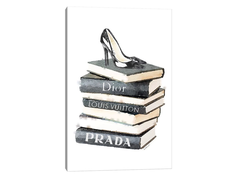 Framed Canvas Art (White Floating Frame) - Tall Stack of Fashion Books with Heels by Amanda Greenwood ( Fashion > Shoes > High Heels art) - 26x18 in