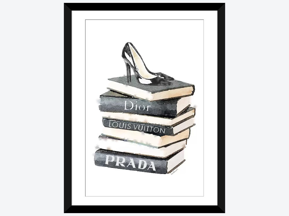 Framed Canvas Art (Gold Floating Frame) - High Fashion Book Stack Black & White, Gold Font by Amanda Greenwood ( Fashion > Vogue art) - 40x26 in