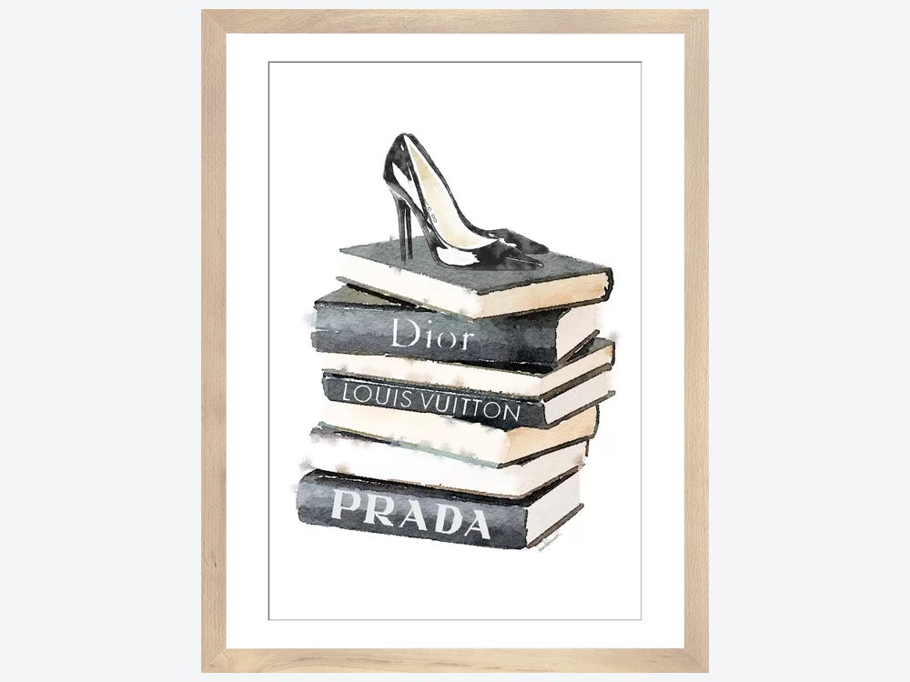 Framed Canvas Art (Champagne) - Tall Stack of Fashion Books with Heels by Amanda Greenwood ( Fashion > Shoes > High Heels art) - 26x18 in