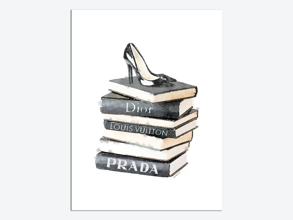 Framed Canvas Art (White Floating Frame) - Tall Stack of Fashion Books with Heels by Amanda Greenwood ( Fashion > Shoes > High Heels art) - 26x18 in