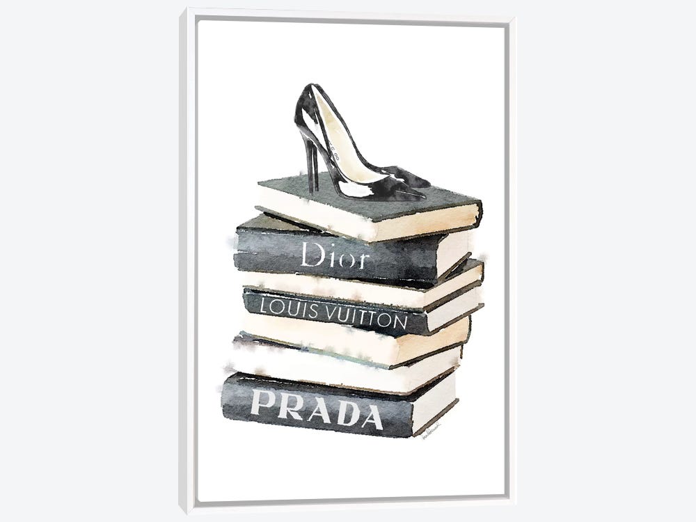 Framed Canvas Art - Tall Book Stack in Black & Pale Blue with Shoes by Amanda Greenwood ( Fashion > Vogue art) - 26x18 in