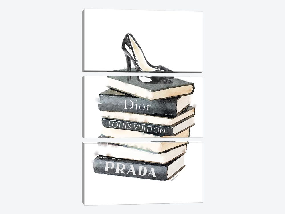 Framed Canvas Art (White Floating Frame) - High Fashion Book Stack Black & White, Gold Font by Amanda Greenwood ( Fashion > Vogue art) - 26x18 in