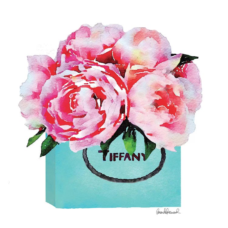 Teal Fashion Shopping Bag With Pink Peonies